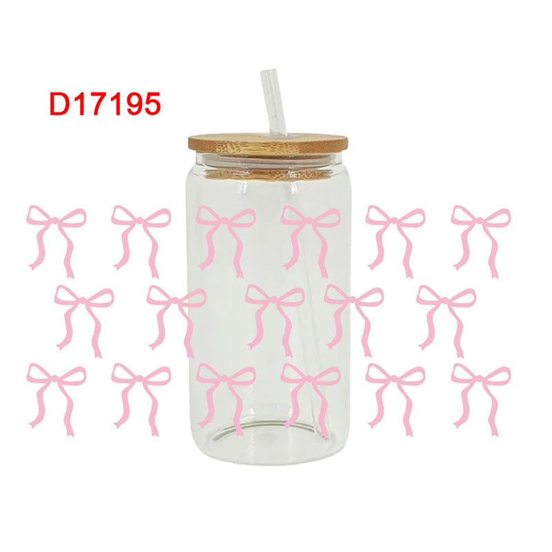 Wholesale Pink Cartoon Bow Ribbon 16oz Cup UV DTF Wraps