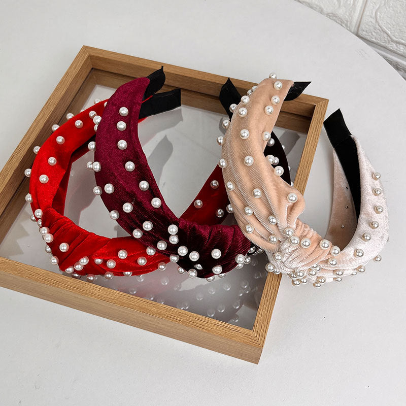 Wholesale Gold Velvet Fabric Beaded Knotted Headband