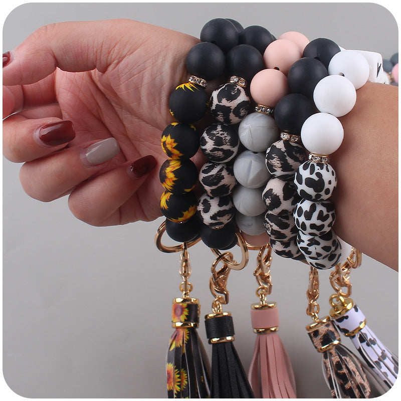 Wholesale Silicone Leopard Print Beaded Wrist Keychains