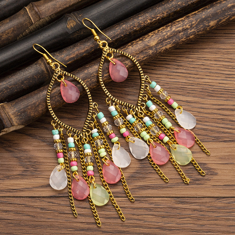 Wholesale Handmade Water Drop Rice Bead Bohemian Long Tassel Earrings