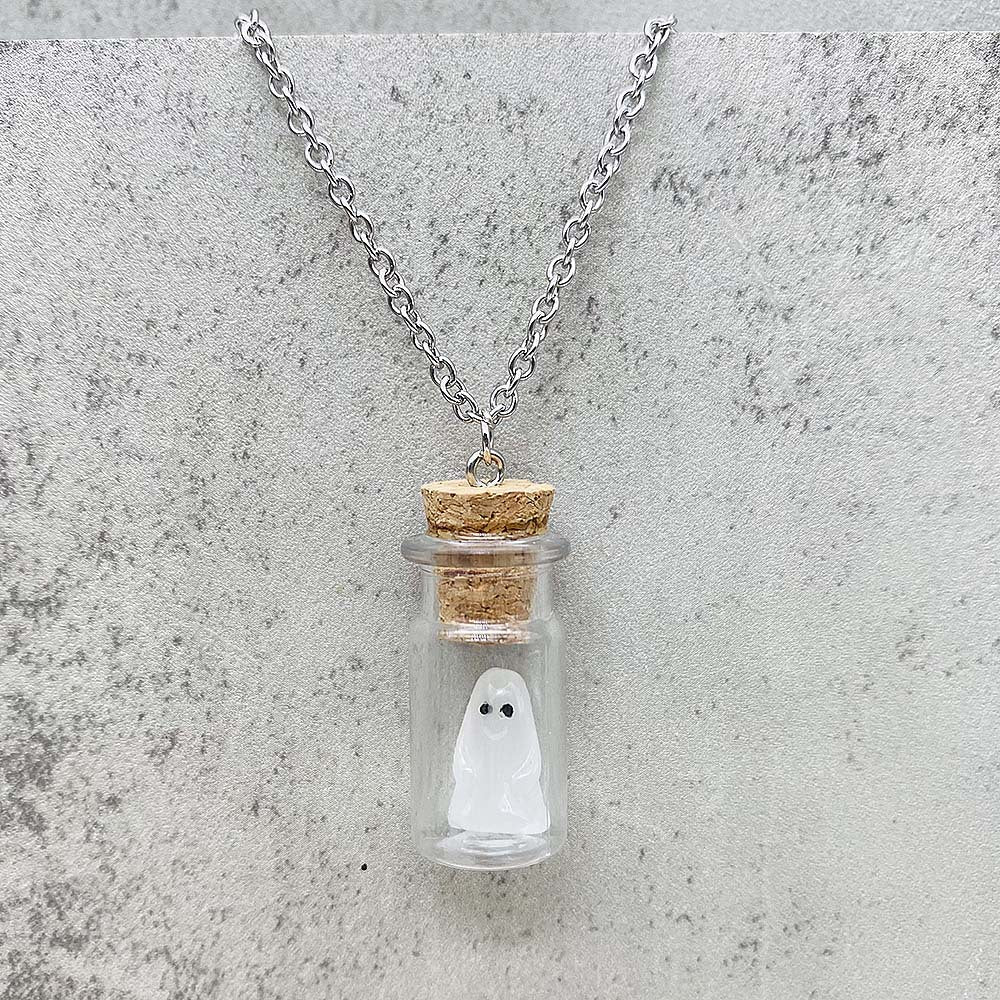 Wholesale Stereo Resin Glow-in-the-dark Ghost Halloween Wishing Bottle Earrings and Necklaces Set