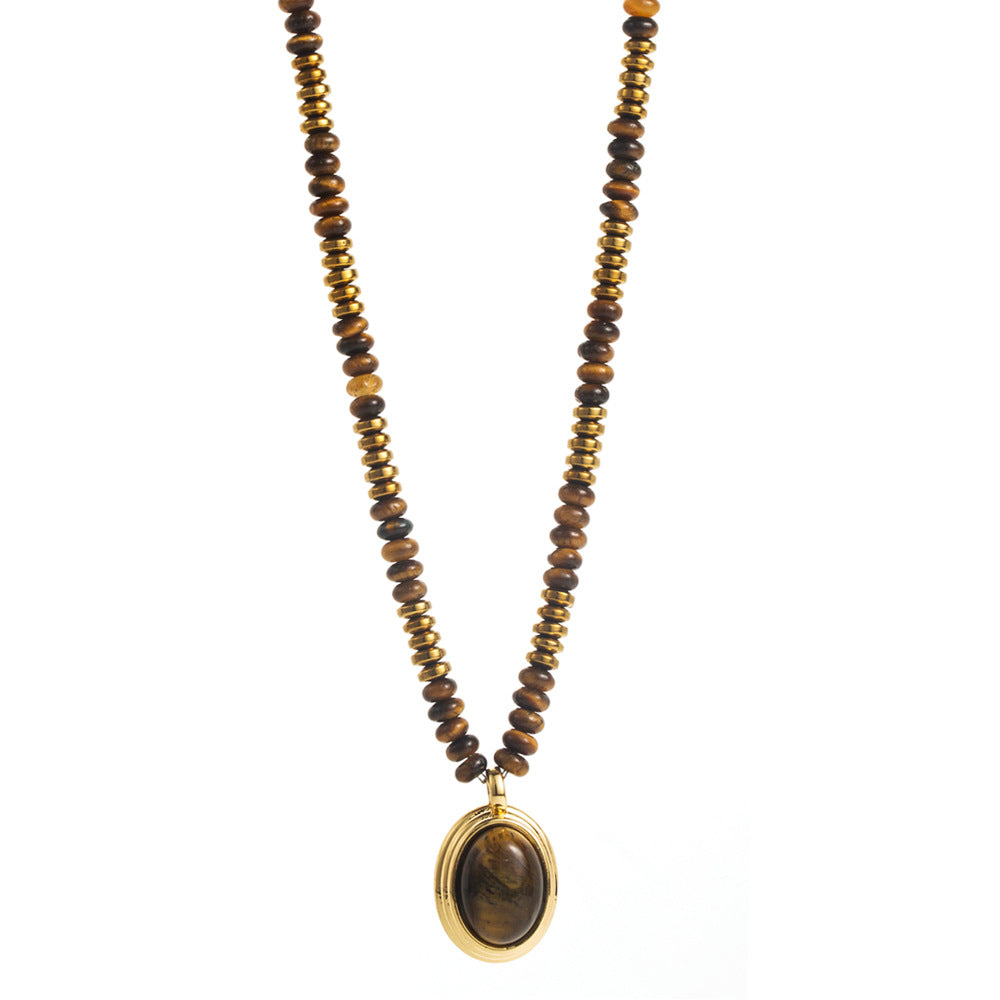 Wholesale Natural Tiger's Eye Niche Maillard Style Geometric Retro Titanium Steel Clavicle Necklace