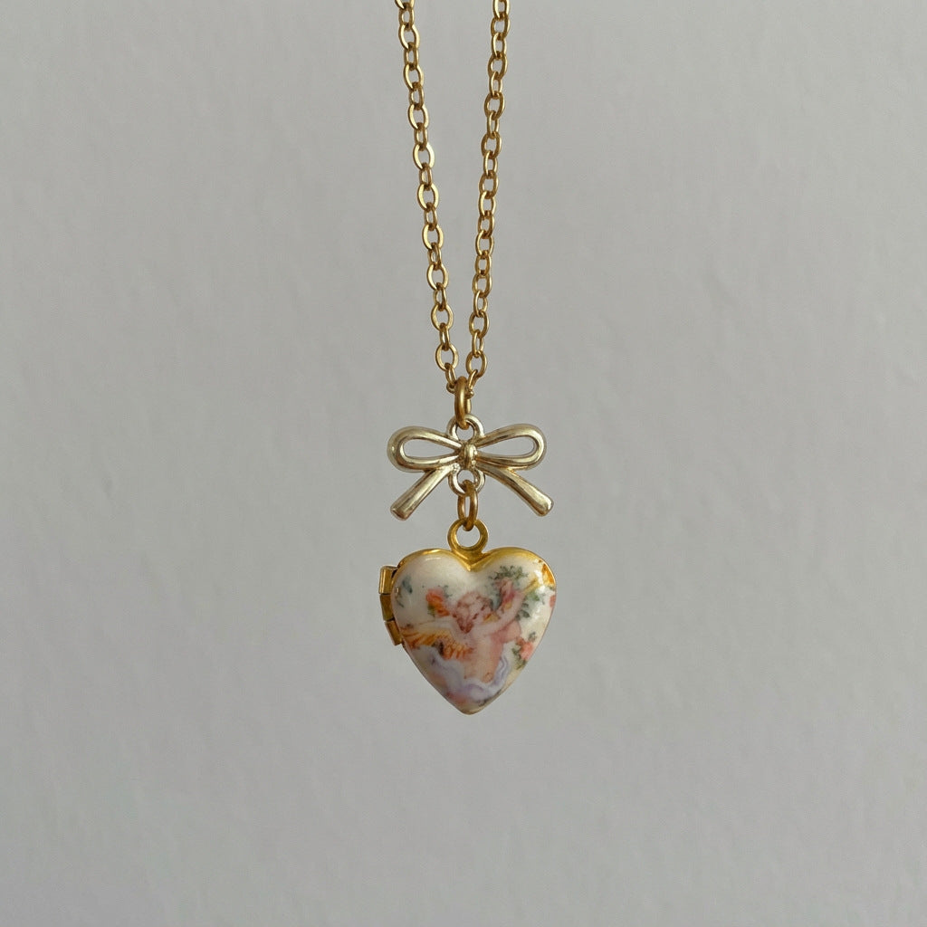 Wholesale Angel Heart Shaped Box Gold Bow Necklace