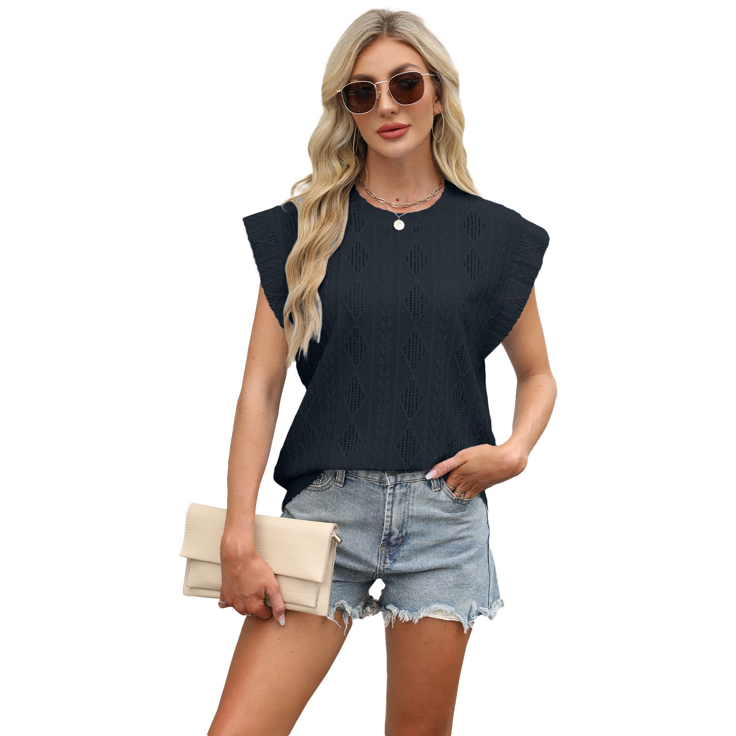 Wholesale spring and summer new round neck loose short sleeve T-shirt jacquard jacket vest women