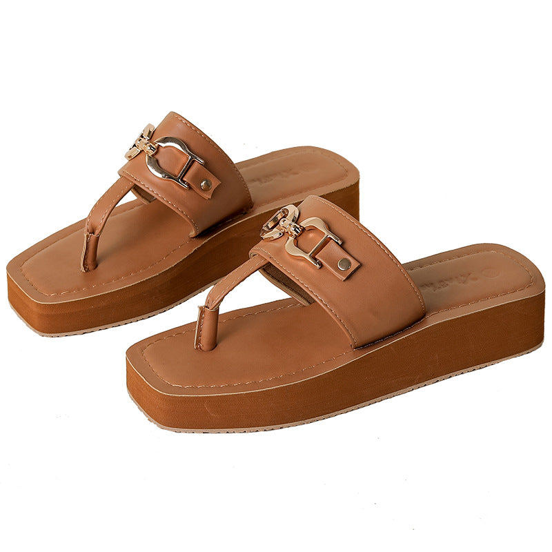 Wholesale Summer Outdoor Fashion Breathable Wedge Heel Square Toe Flip-flops