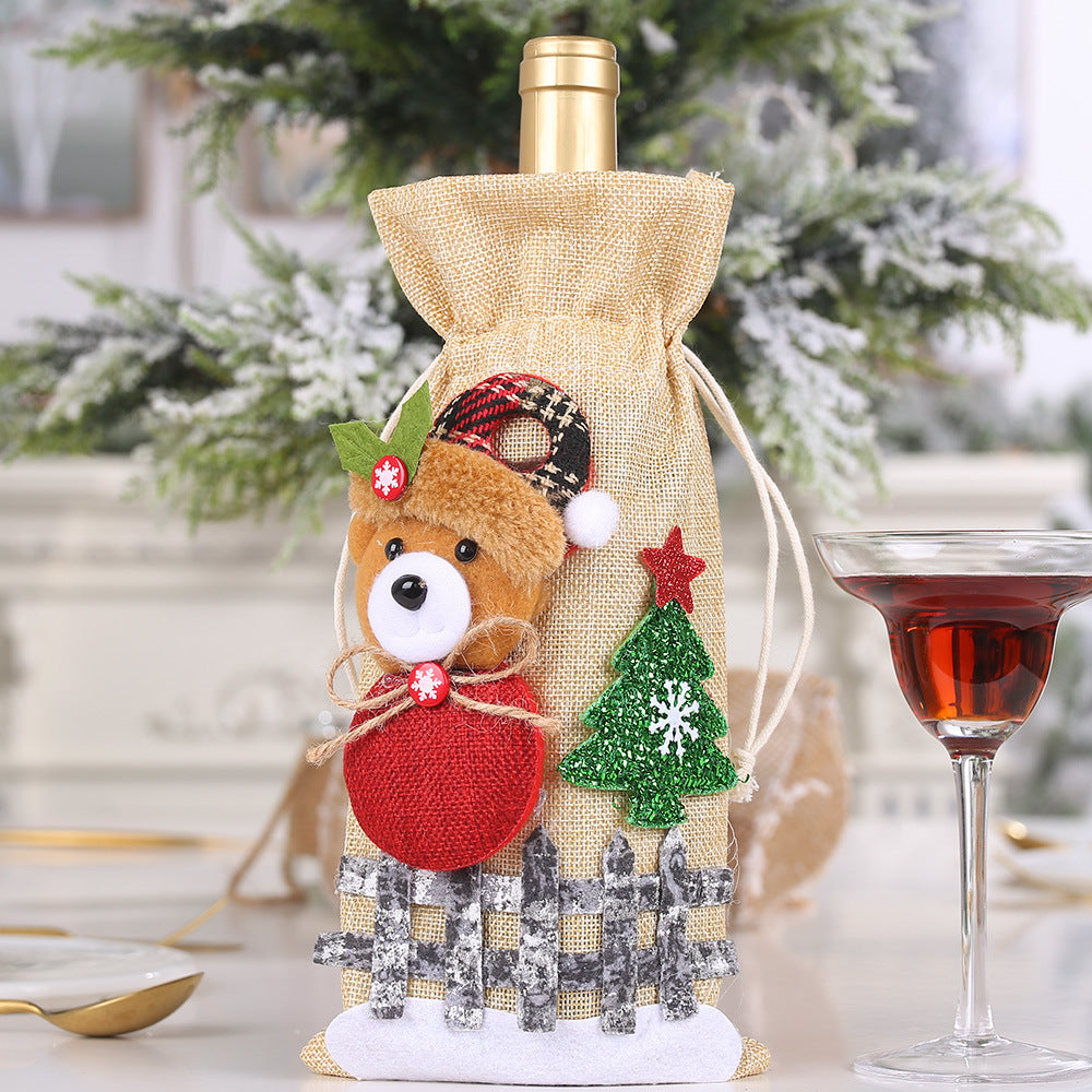 Wholesale Christmas Linen Snow Cartoon Drawstring Wine Bottle Sets