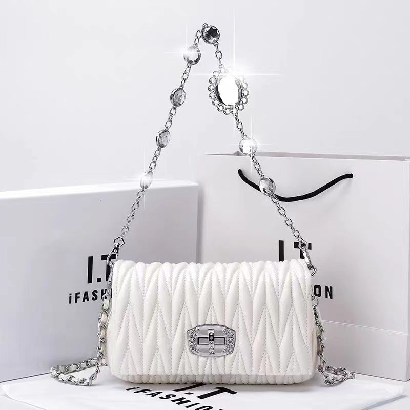 Wholesale Fashionable Versatile Soft Leather Rhinestone Chain Pleated Bag