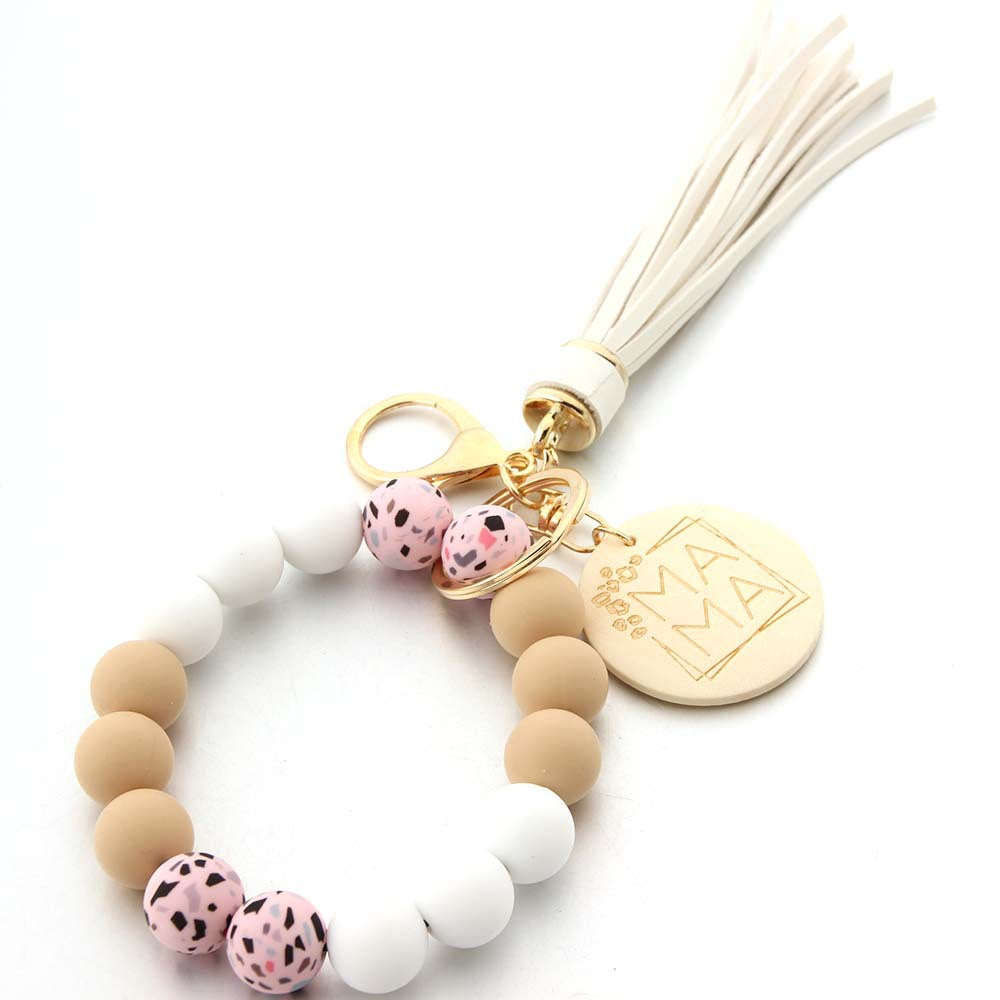 Wholesale Printed Silicone Bead Tassel Wrist Keychain