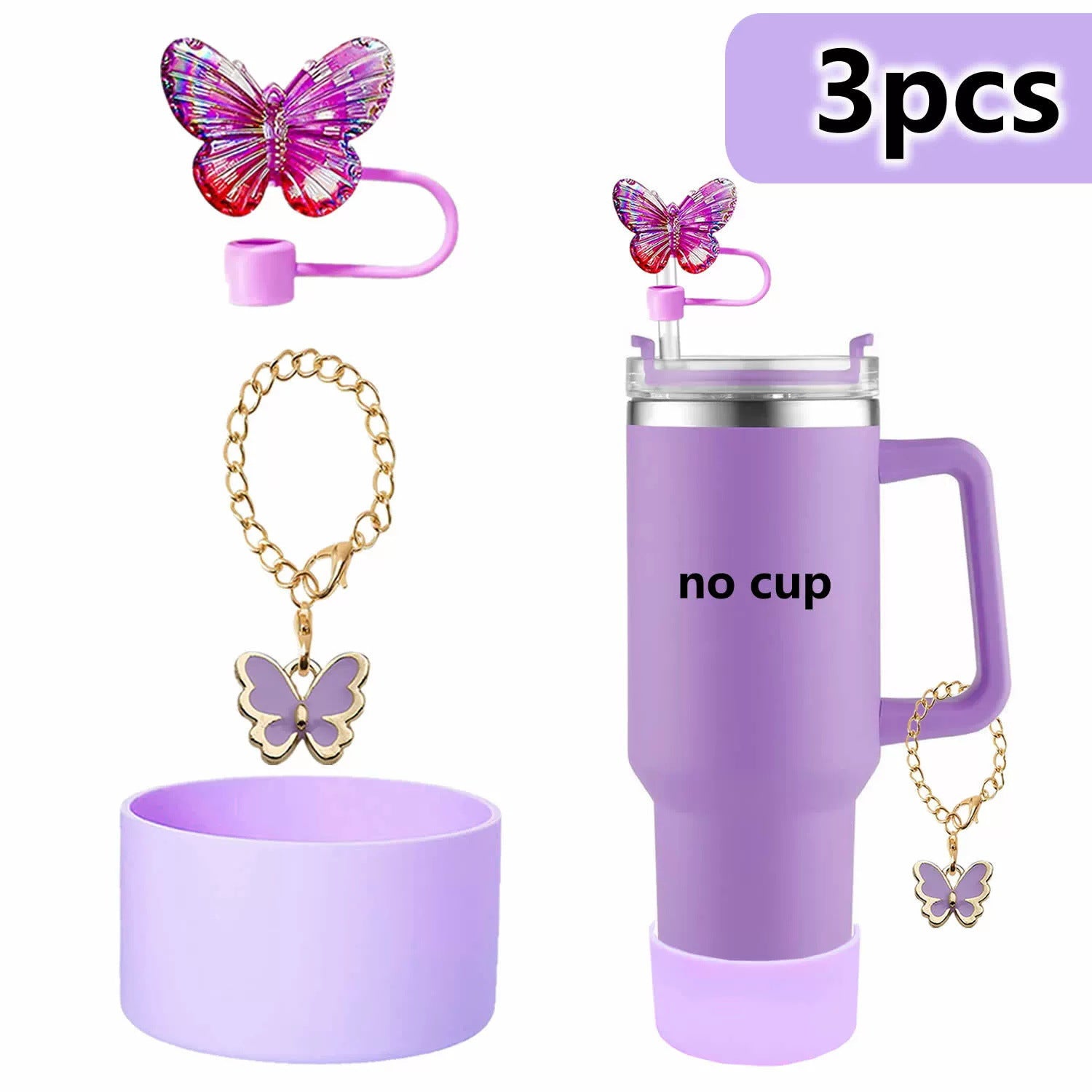 Wholesale Cup butterfly decorative straw cap silicone cup cover resin butterfly cup chain silicone cover 3-piece set