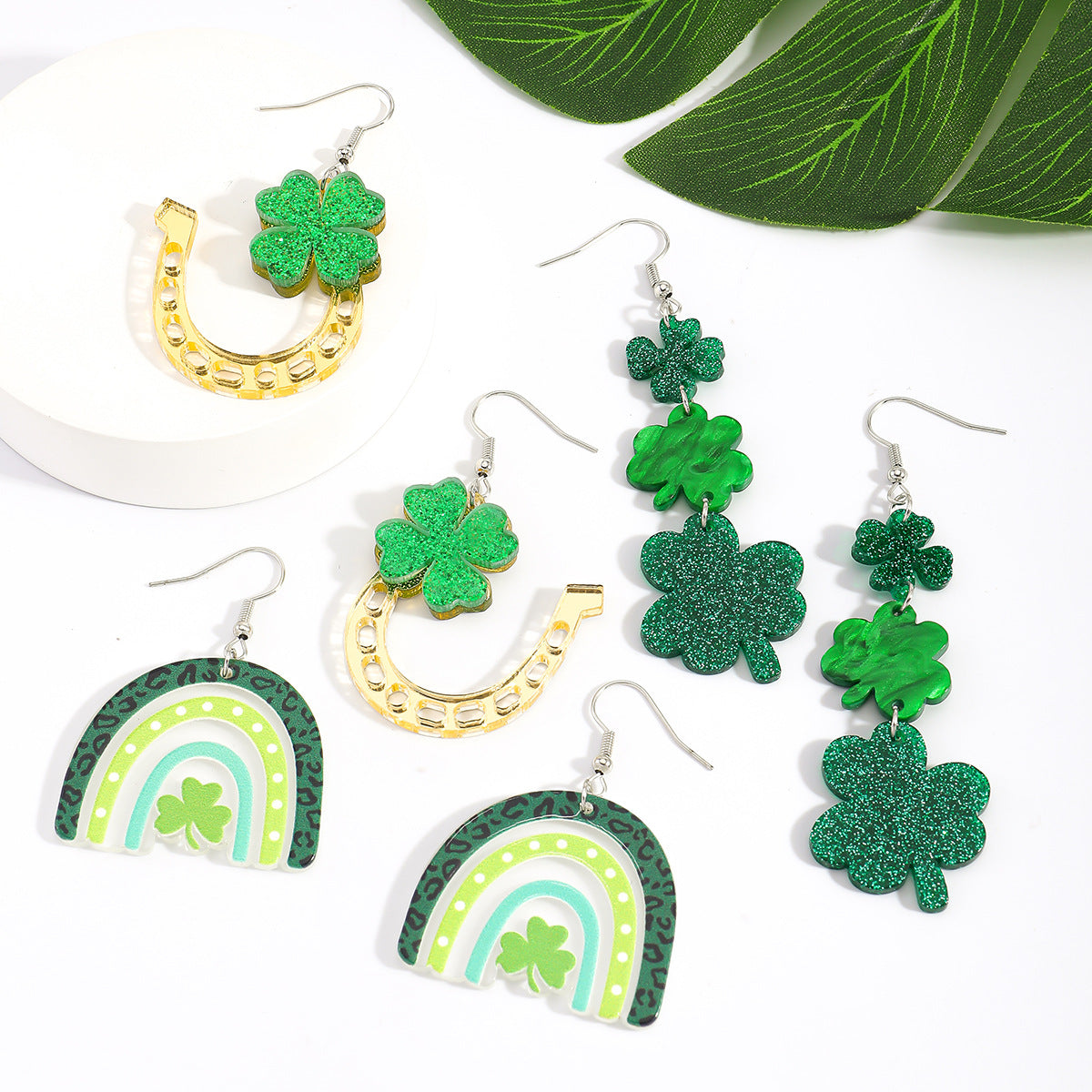 Wholesale St.  Patrick' s Day Shamrock Hat Letter Rainbow Acrylic Earrings