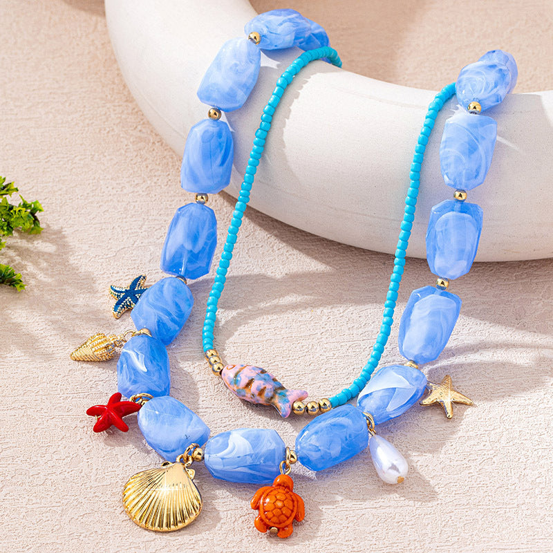 Wholesale Electroplated Alloy Ocean Vacation Style Beaded Necklace Starfish Shell Pendant Women Fashion Jewelry Gift