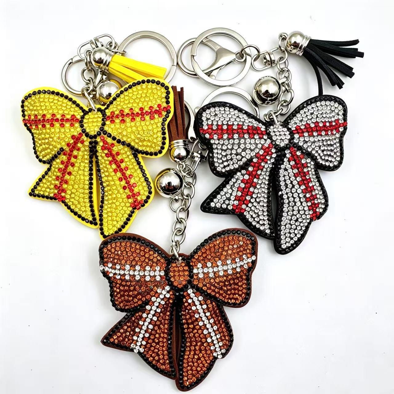 Wholesale Rhinestone Bow Keychain Korean Velvet Baseball Football Pendant Alloy Metal White Wedding Gift And Boutique Resale