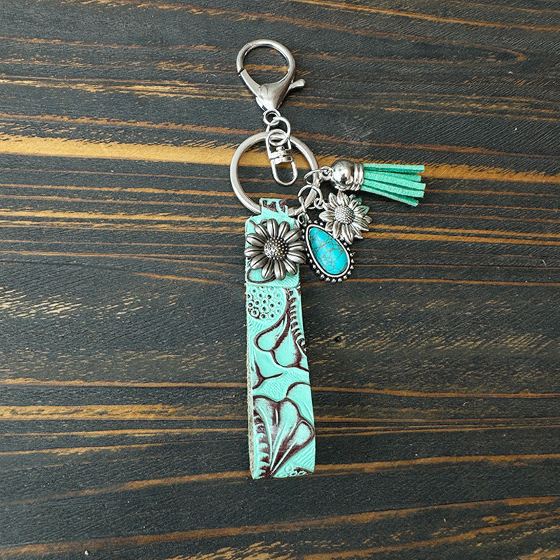 Wholesale Western Cowboy Vintage Genuine Leather Turquoise Cowhide Keychain