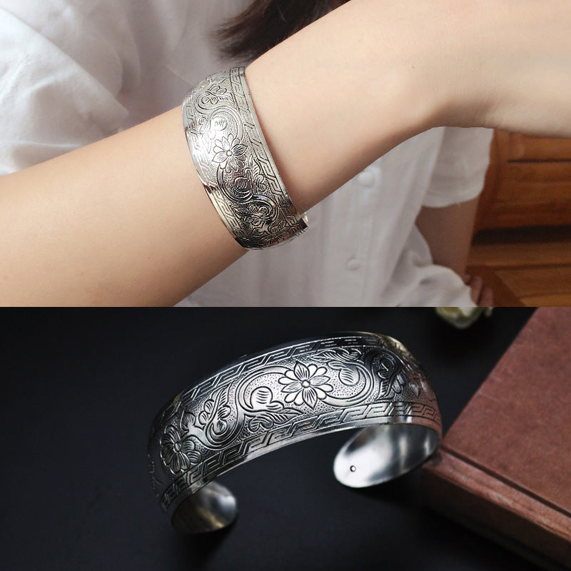 Wholesale Bohemian Vintage Wide Tibetan Silver Carved Bracelets