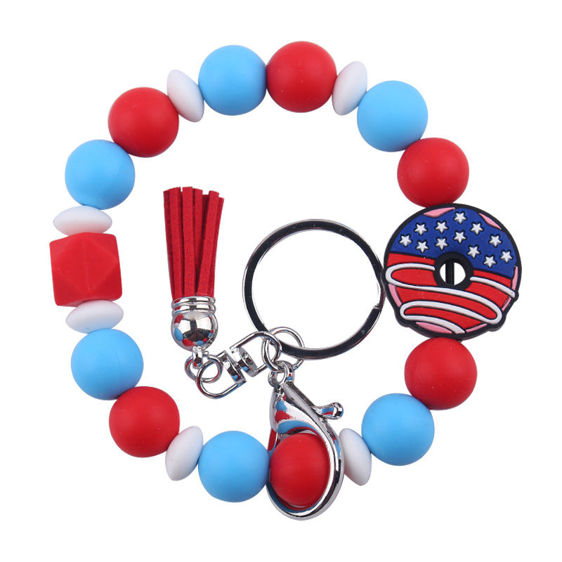 Wholesale Leather Tassel Independence Day Silicone Bead Bracelet Keychain