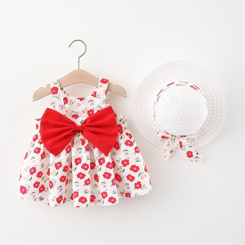 Wholesale Sweet Summer Cotton Baby Girl Dress With Big Bow And Floral Print Matching Straw Hat Included Party Gift For Toddlers