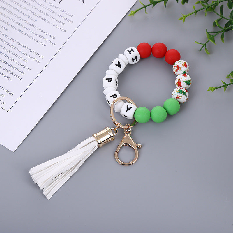 Wholesale Christmas New Silicone Beads PU Tassel Wooden Beads Bracelet Keychain