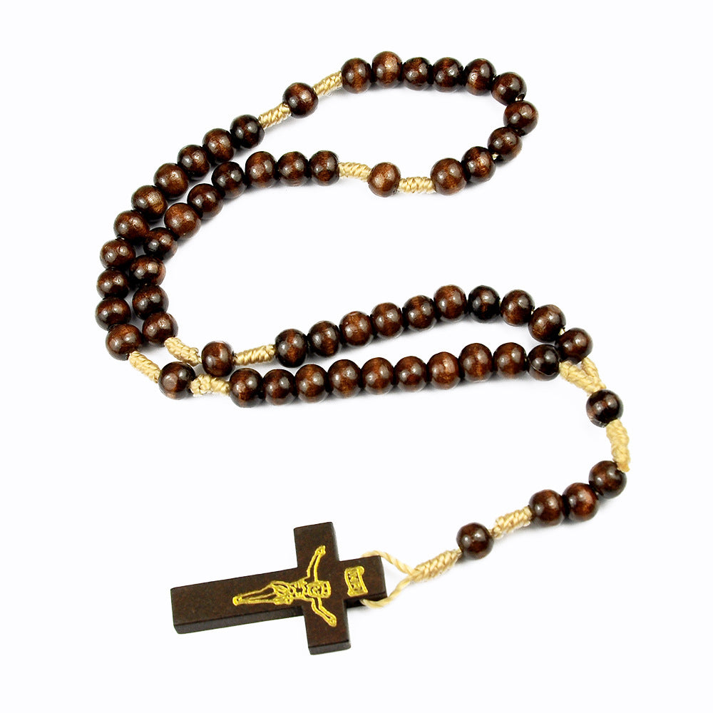 Wholesale Natural Wood Cross Rosary Braided 8mm Wooden Beads Necklace