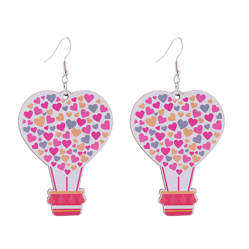 Wholesale Valentine's Day Pink Series Love Hot Air Balloon Dwarf Wooden Earrings