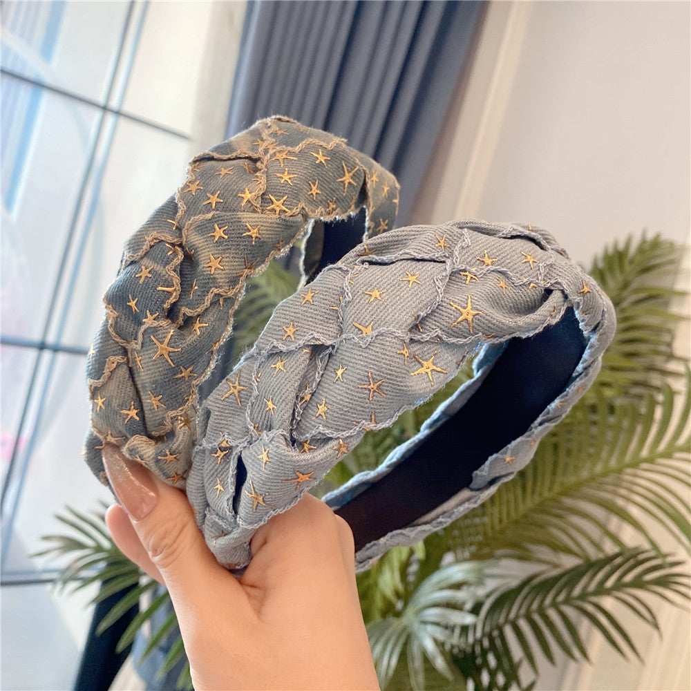 Wholesale Three-dimensional Hot Stamping Five-pointed Star Denim Braided Twist Headband