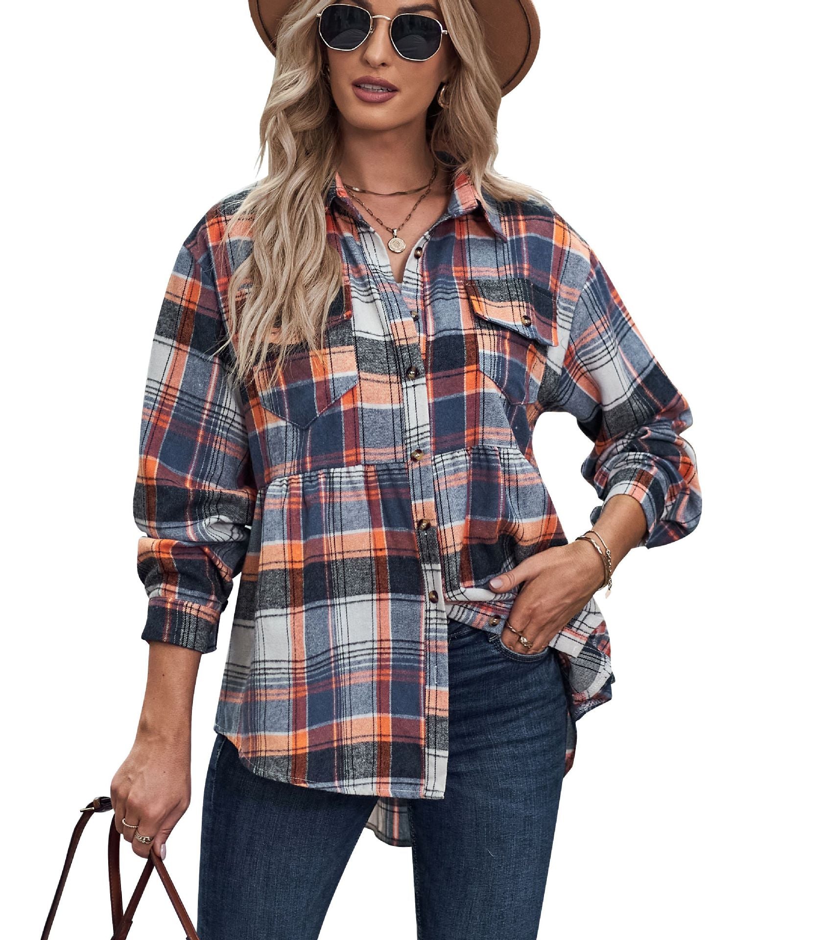 Wholesale Polyester Women's Tops Lapel Long Sleeve Pocket Casual European and American Plaid Shirt