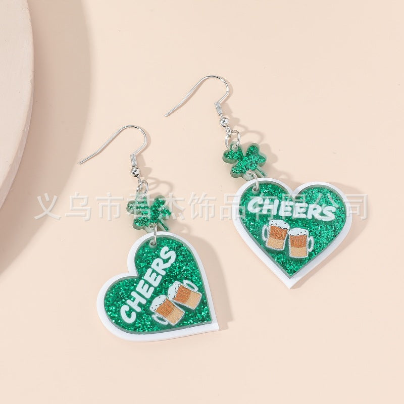 Wholesale St. Patrick's Day Carnival Personalized Green Acrylic Glitter Clover Earrings