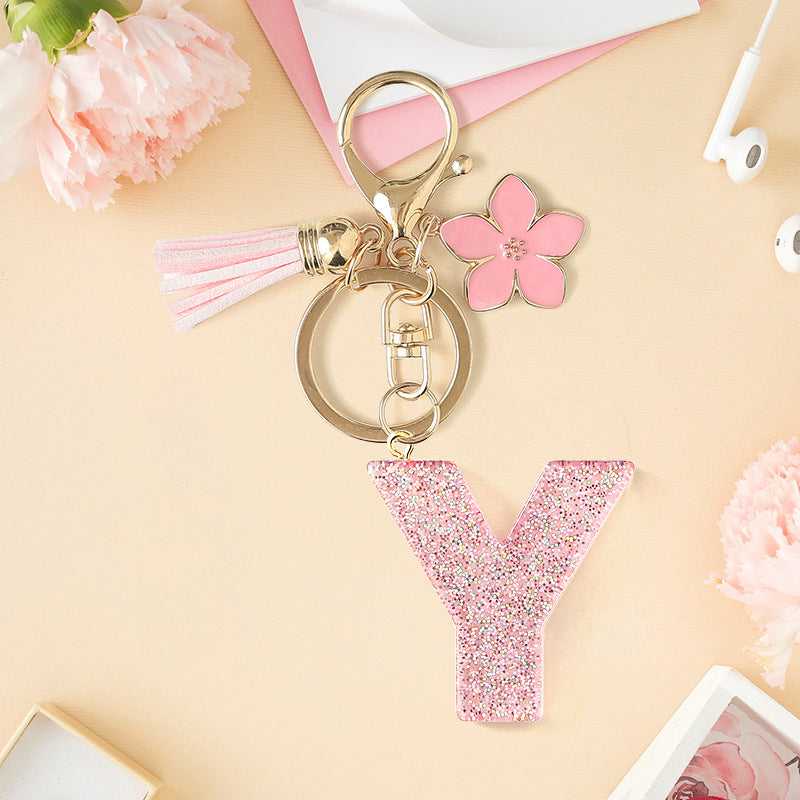 Wholesale Pink 26 letter Sparkling Pink Flower Tassel Keychain