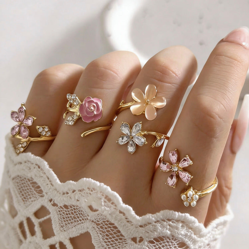 Wholesale Pink flower opening adjustable folding ring