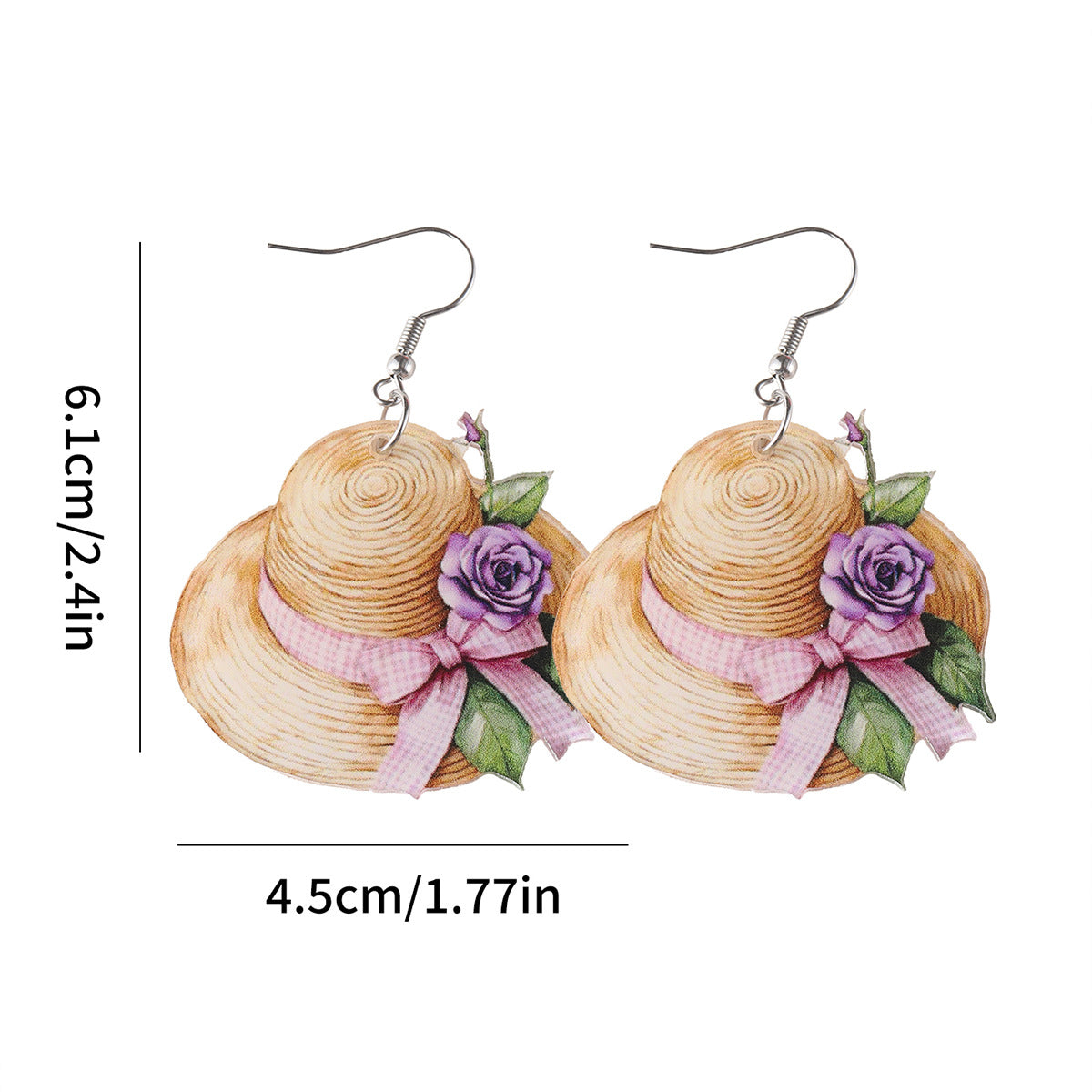 Wholesale Pink Bow Flower Straw Hat Acrylic Pendant Earrings