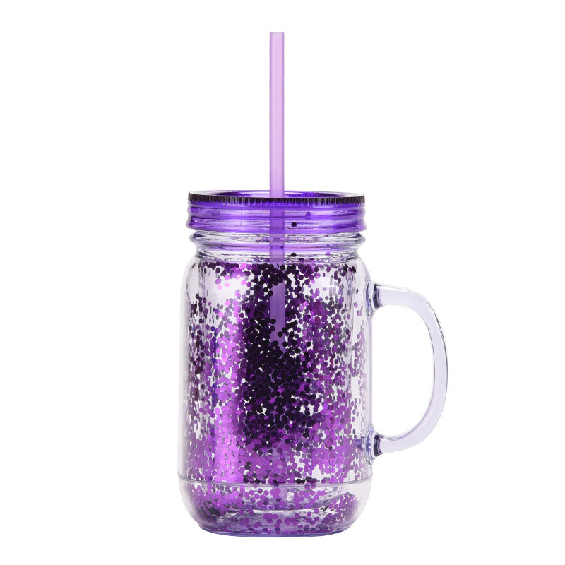 Wholesale Transparent Glitter Plastic Canned Cup with Handle Double Layer Plastic with Straw