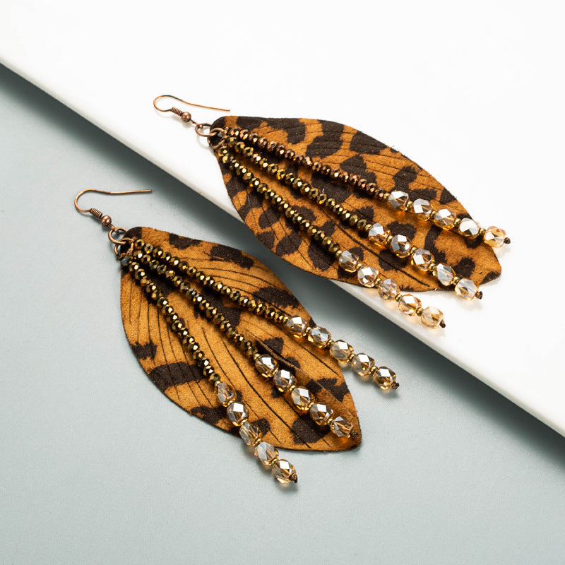 Wholesale Leaf Leopard Leather Crystal Tassel Earrings