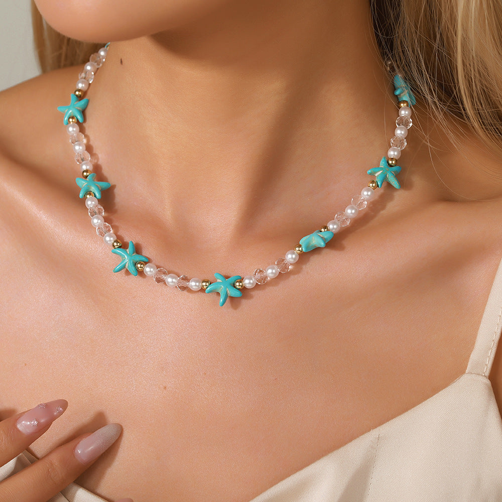 Wholesale Bohemian turquoise starfish pearl crystal necklace clavicle chain