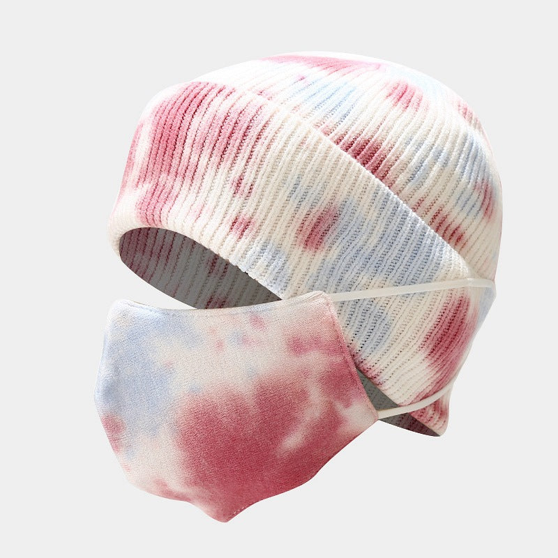 Wholesale 2023 Winter Tie Dye Hat Mask Set Outdoor Cold Resistant Face Protective Knitted Hat