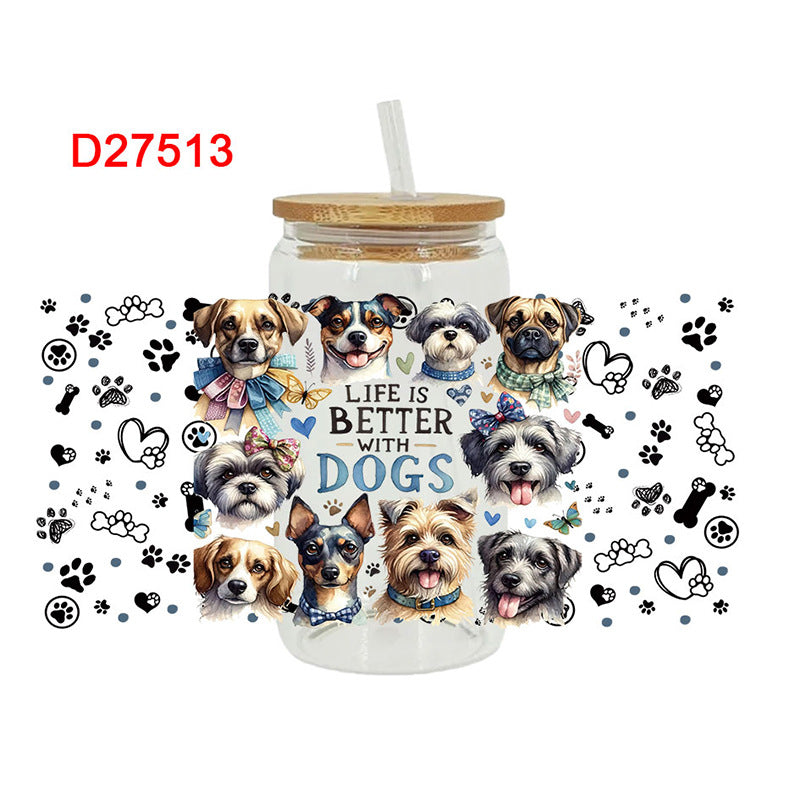 Wholesale Cute Cartoon Cat and Dog Series 16oz Cup UV DTF Wraps