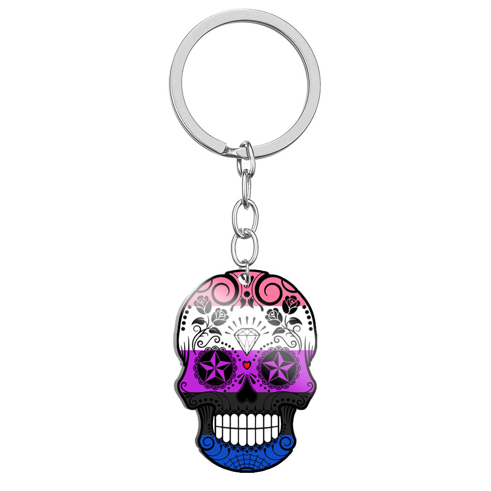 Wholesale 6 Color Rainbow Flag Color Printing Titanium Steel Skull Stainless Steel Keychains