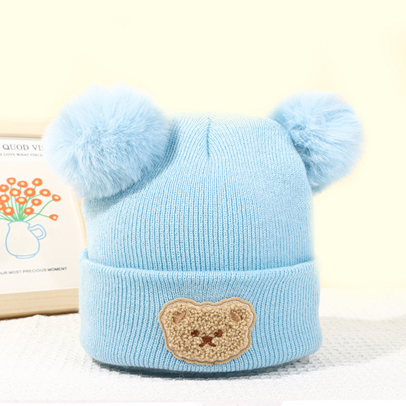 Wholesale Children's Fur Ball Knitted Hat Bear Embroidered Warm Woolen Hat