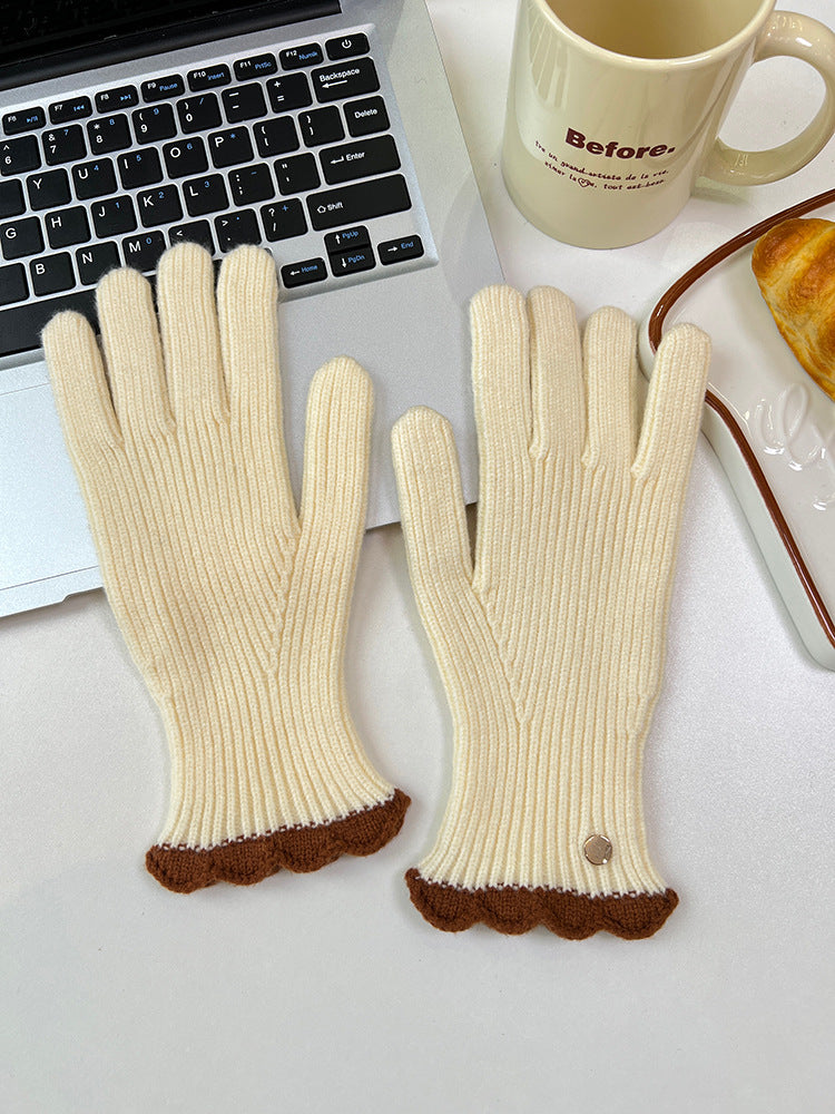 Wholesale Winter Warm Knitted Five-finger Touch Screen Lace Contrasting Color Woolen Gloves