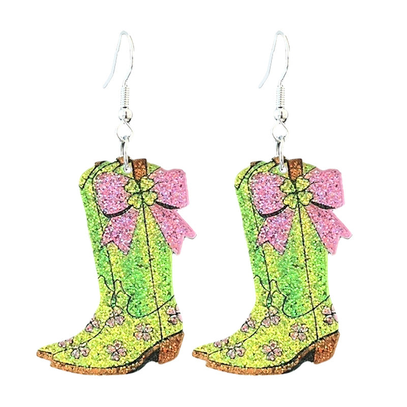 Wholesale  2pairs/pack  St.  Patrick' s Day Acrylic Sparkling Boots Bow Element Earrings