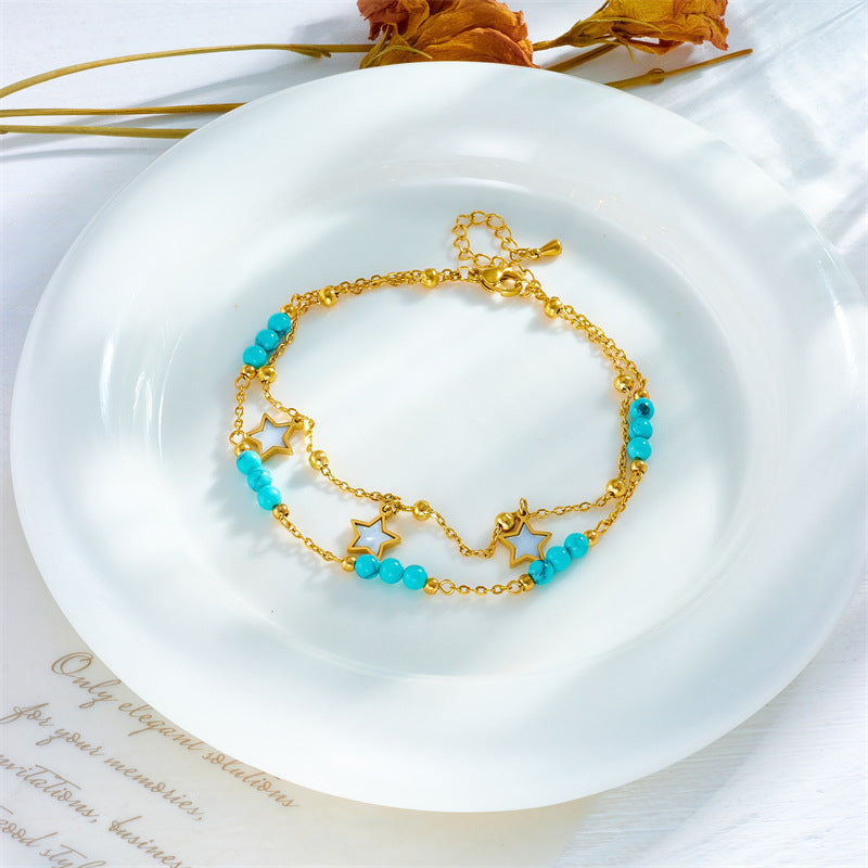 Wholesale Retro Double-layered Five-pointed Star Eye Pendant Anklet