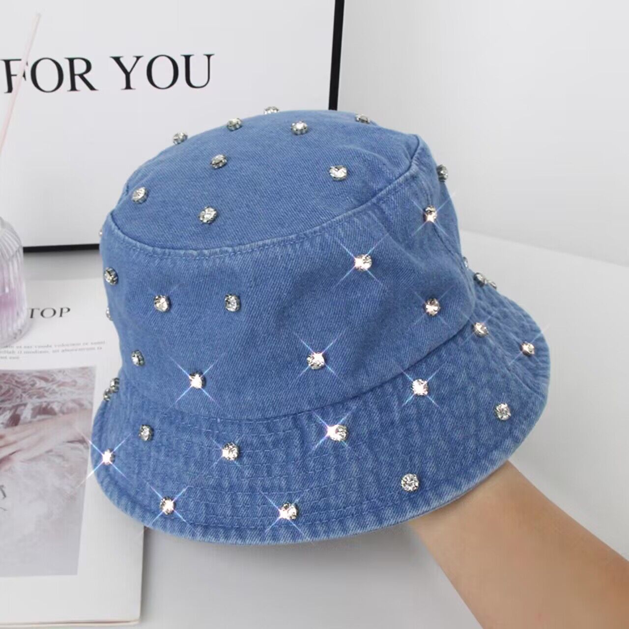 Wholesale Washed Denim Sun Protection Fisherman Hat with Rhinestones