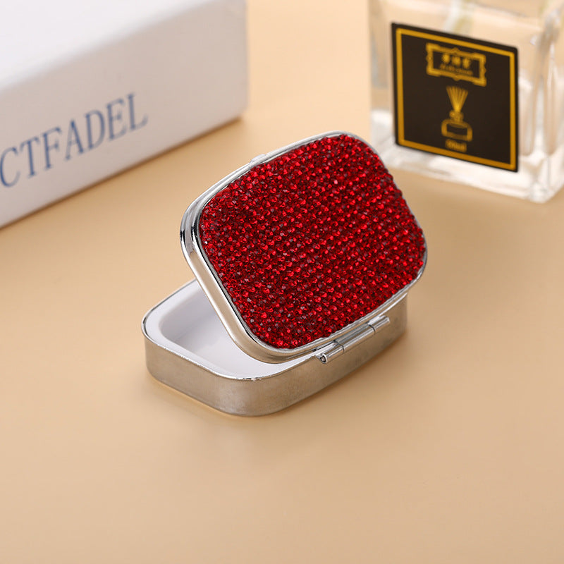 Wholesale Metal Diamond-encrusted Two-compartment Medicine Box, Portable with Mirror