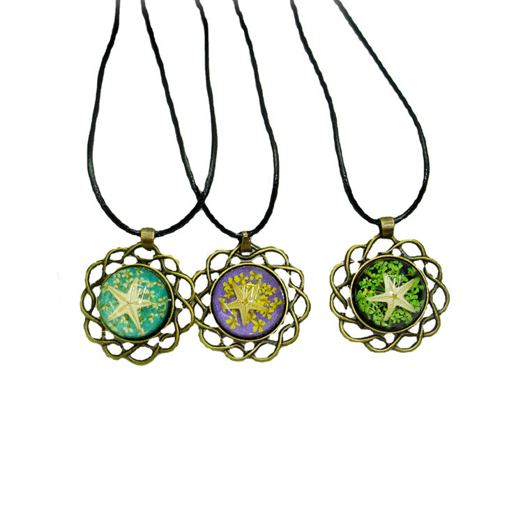 Wholesale 6pcs Real Flower Starfish Retro Ethnic Style Resin Dripping Dried Flower Necklace