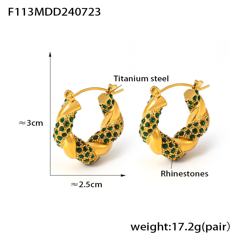 Wholesale Fashionable and Simple U-shaped Titanium Steel Inlaid Zircon Twisted Non-fading Light Luxury Temperament Earrings