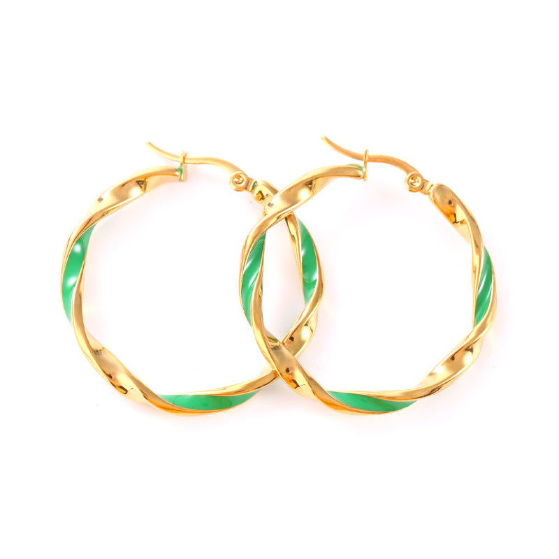 Wholesale Green Drip Oil Round Stainless Steel Mobius Ring Earrings