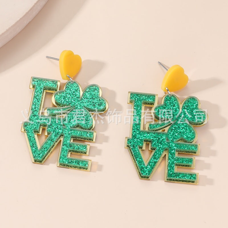 Wholesale St. Patrick's Day Carnival Personalized Green Acrylic Glitter Clover Earrings