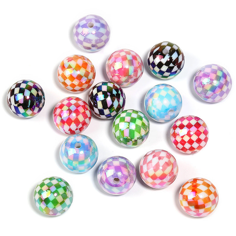 Wholesale Colorful Houndstooth Pattern Printed Beads Striped Plaid Acrylic Round Beads