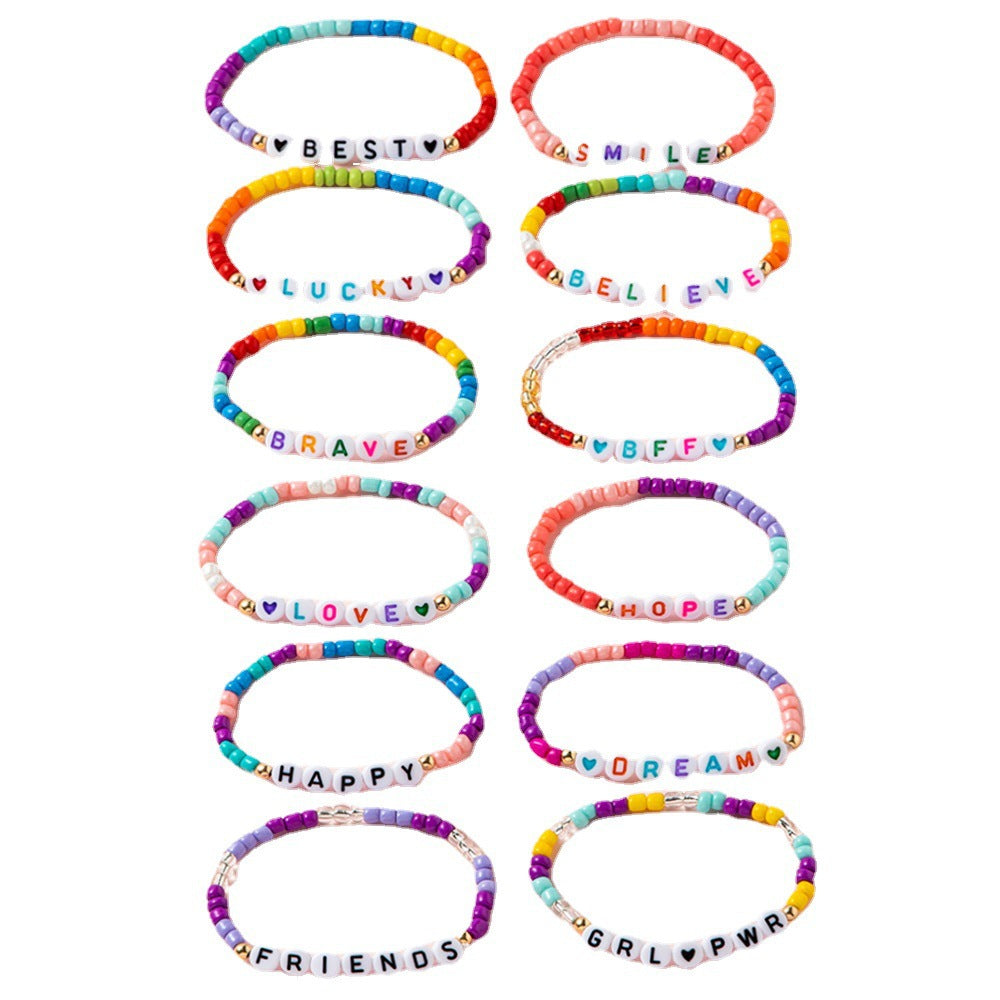 Wholesale 12pcs Boho Alphabet Encouragement Rice Beads Colorful Bracelet for Kids