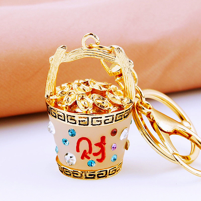 Wholesale Chinese Style Fortune Bucket Keychain Red Zinc Alloy Cornucopia Car Key Ring Decorative Bag Charm Gift