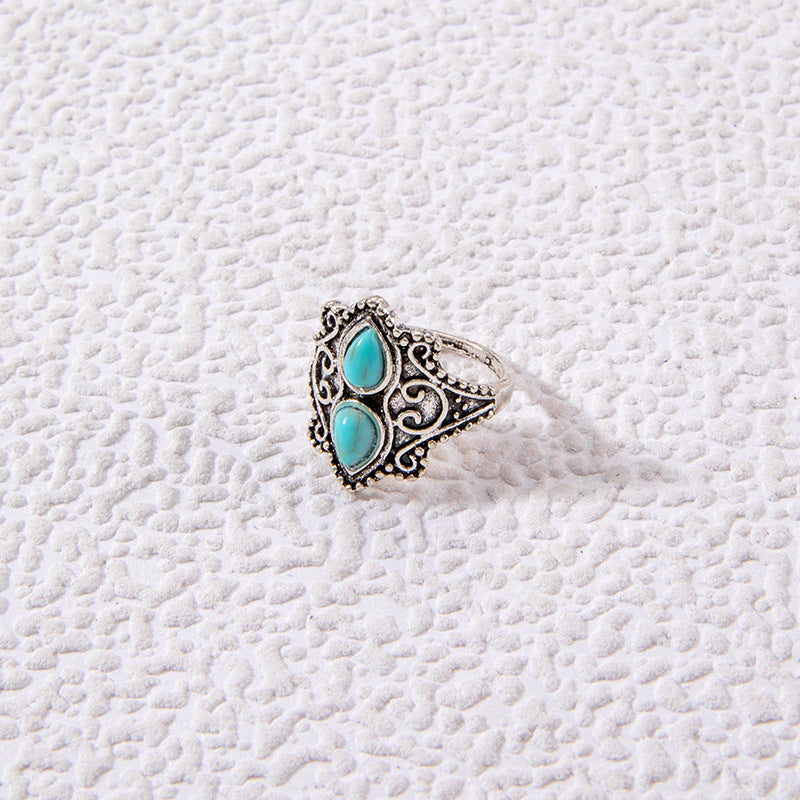Wholesale Retro Turquoise Ring Ethnic Style Oval Cross Geometric Ring