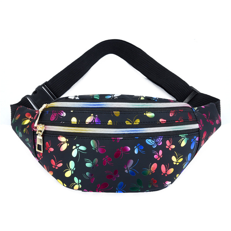 Wholesale Double Zipper PU Waist Bag Colorful Butterfly Print Chest Bag Crossbody Bag